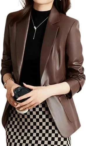 Women's Brown Lambskin Leather Blazer Handmade Genuine Casual Stylish Soft Coat