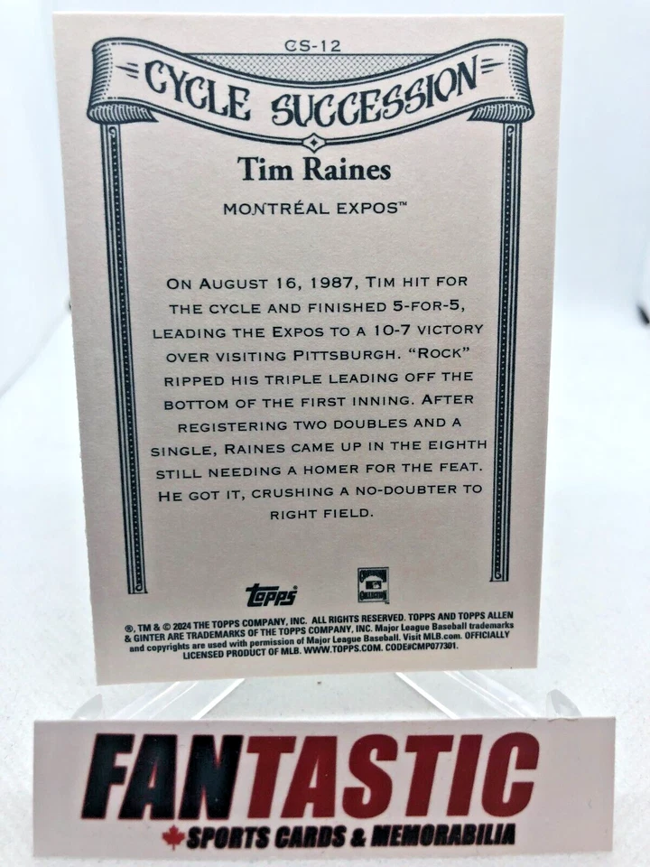 2024 Topps Allen & Ginter Cycle Succession SP CS-12 Tim Raines Montreal Expos - Image 2 of 2