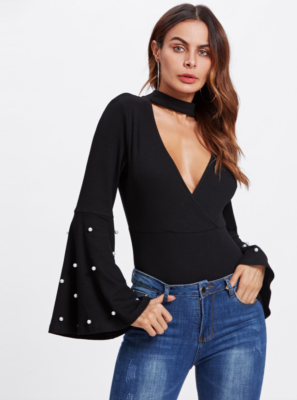Bodysuit Noir à Manches Cloches Avec Perles Blanches - Taille XS, Neuf Avec étiquettes