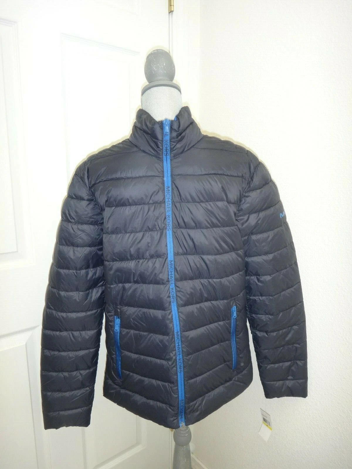 MICHAEL KORS Mens Lightweight Insulated Jacket Midnight Blue MK Logo Zipper Sz M