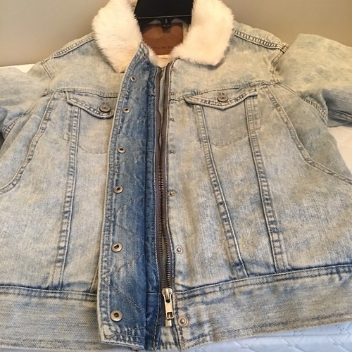 American Eagle Denim Bomber Jacket Shearling Faux Fur Women Medium Light Wash - Bild 10 von 13