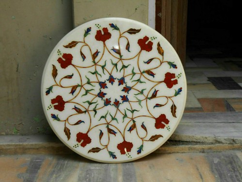 18" white marble table top center coffee malachite inlay decor pietra dura - Picture 2 of 4