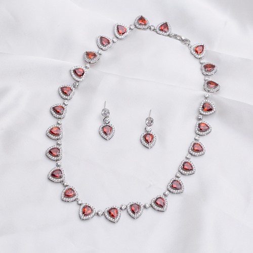 Carino Donna Opera Collana & Orecchini a Goccia,con Trasparente & Rosso 5A - Foto 2 di 18