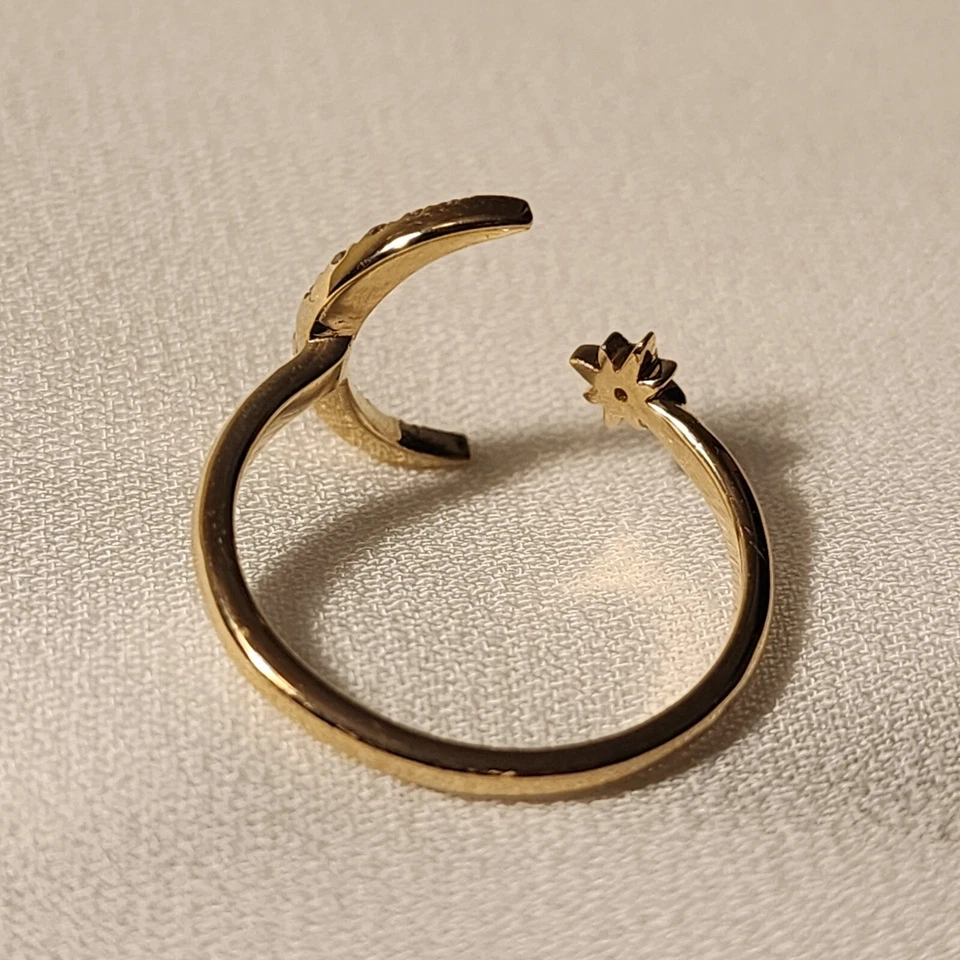 Anillo de diamantes naturales luna y estrella de oro de 14K / media luna banda abierta / joyería fina Foto 4 de 4