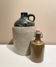 VTG Stoneware Beverage Whiskey Jug Salt Glazed Crock 1 Gal + Small Latch Bottle
