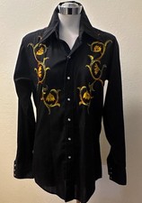 ROCKMOUNT Men's S Black  Gold Embroidered Cotton Long sleeve WESTERN shirt