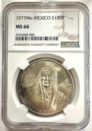 1977 Mo Mexico Silver 100 Pesos NGC MS 66 W/ Nice Tone