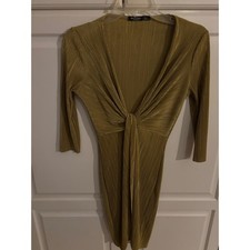 NASTYGAL COLLECTION Gold Plated Pleated Twist Front Dress Long Sleeve Women US 2