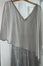 Women's Oleg Cassini Mother Of The Bride Long Silver V Neck Sequin Sheer Size 10