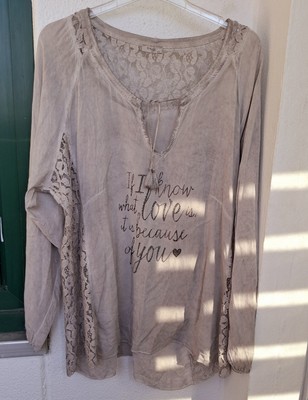   TREDY   BLUSE SHIRT TUNIKA, GRAU, SCHRIFTZUG, SPITZE, GR. 48