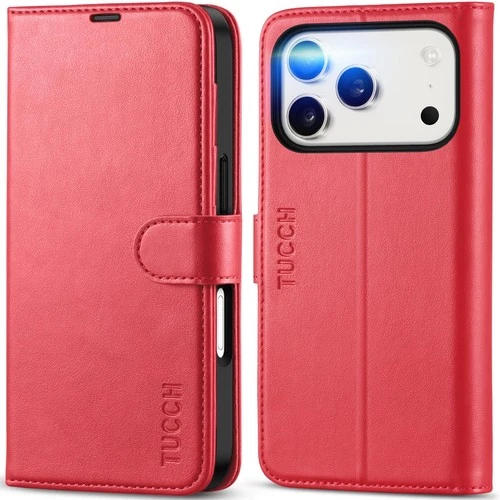 TUCCH Wallet Case for iPhone 17 Pro with RFID Blocking and Kickstand – Red