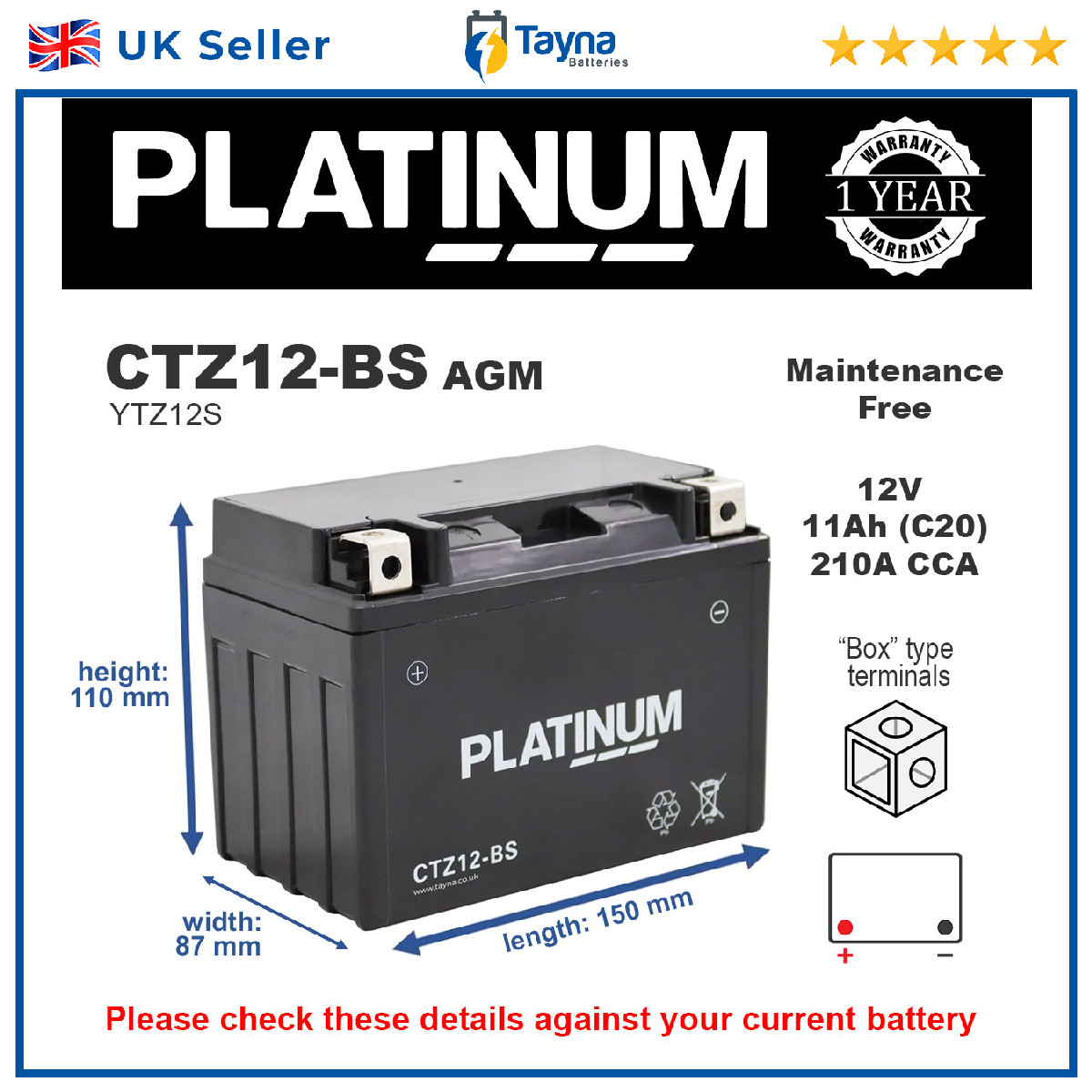 CTZ12-BS PLATINUM AGM Motorcycle Battery Replaces YTZ12S