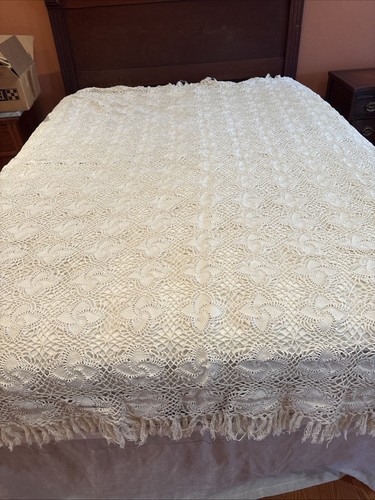 FRENCH HANDCROCHET'D ivory COTTON Crocheted BED COVE full QUEEN - Picture 1 of 3
