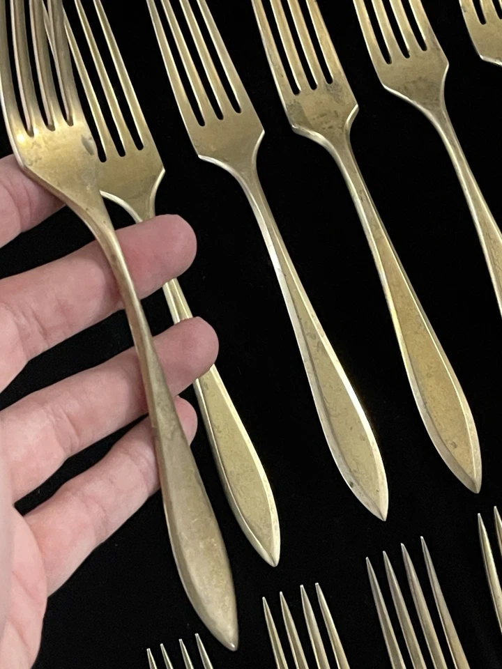 "Lote de 12 cubiertos vintage Dirilyte Derigold Regal 8"" tenedores de cena tono dorado" Foto 2 de 4