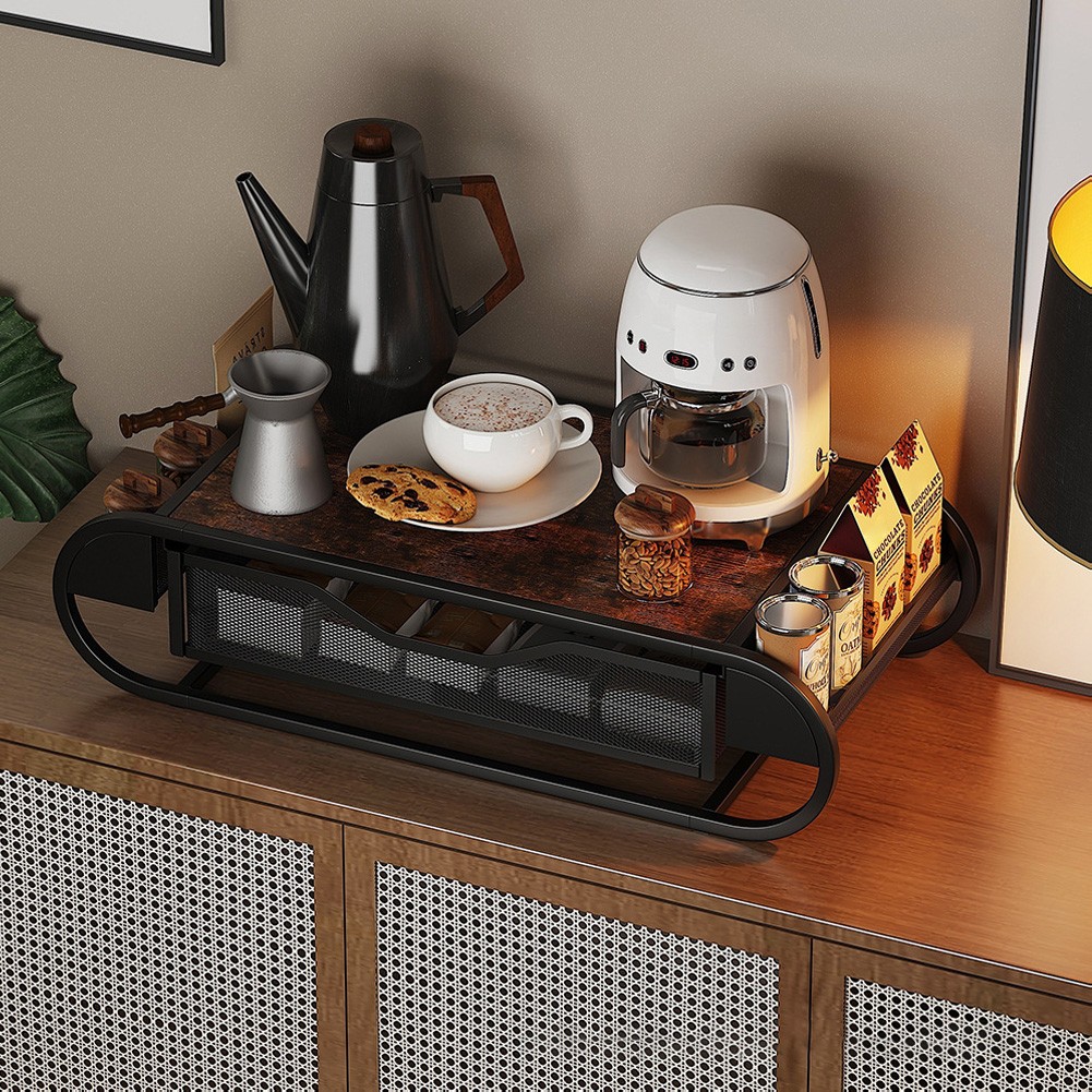 Coffee Machine Stand with Storage Drawer Carbon Steel Wood Desktop Organizer