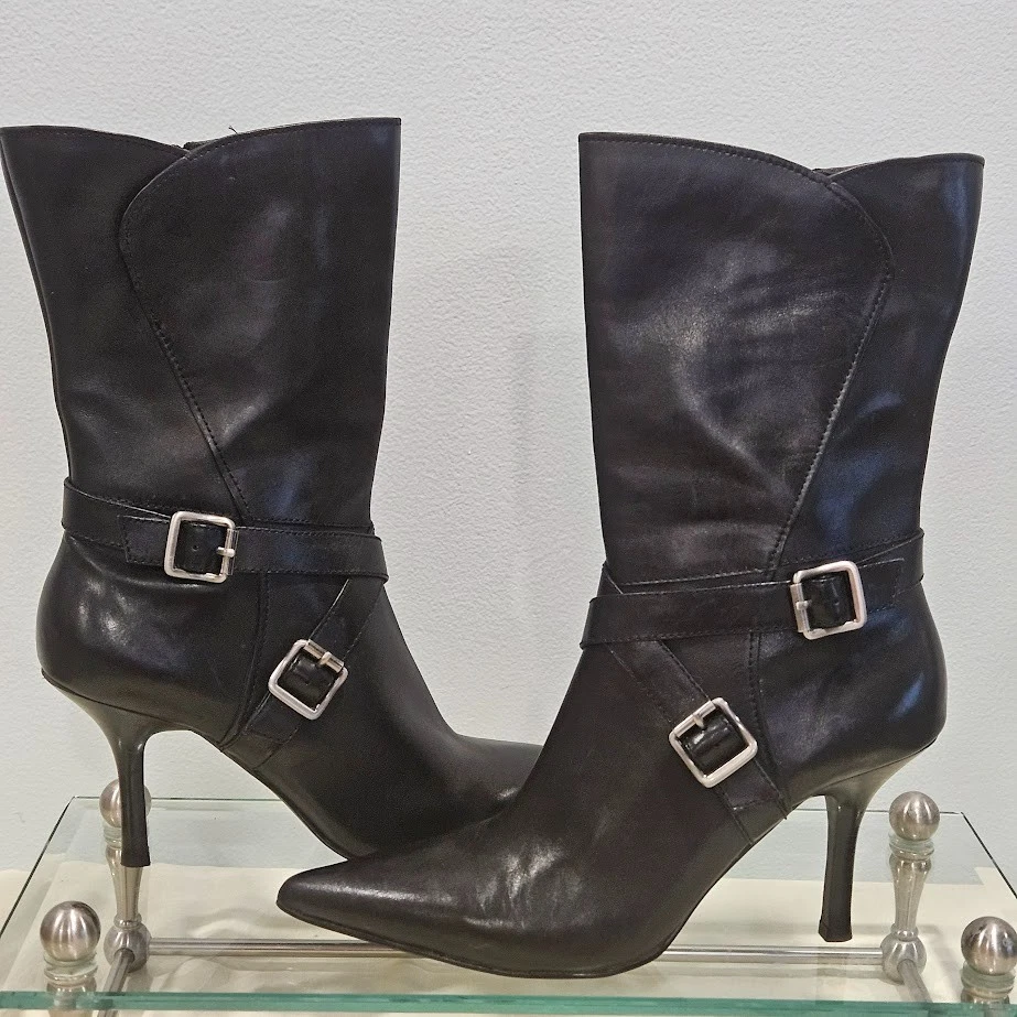 Botas Anne Klein Akdevane Vintage Cuero Negro Media Pantorrilla 7 1/2 M Retro City Chic Foto 2 de 4