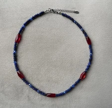 LAPIS Rondelle Beads & RED Glass Beads Unisex Necklace 17” Navy Blue Faceted