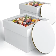 2Pcs 8 Inch White Cake Box with Window and Board for Baking, Disposable Cake