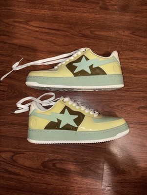 A Bathing Ape BAPE STA Light Green Yellow Olive Patent Leather Low Top Sneakers