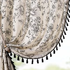 Linen Blend Curtains Floral Curtains for Living Room 96 Inches Long Printed C...