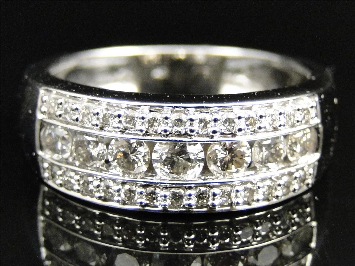 Mens 14K Whtie Gold 3 Row Diamond Channel Wedding Engagement Band