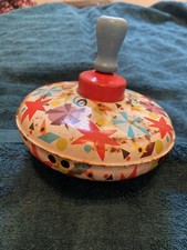 Kids Outdoor Play Antique Spinning Top VTG Tin Toy Wood Handle Ohio Art Metal