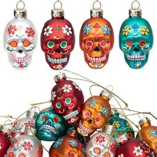 12pcs Day of The Dead Glass Ornaments - Dia De Los Muertos Sugar Skull Orname...