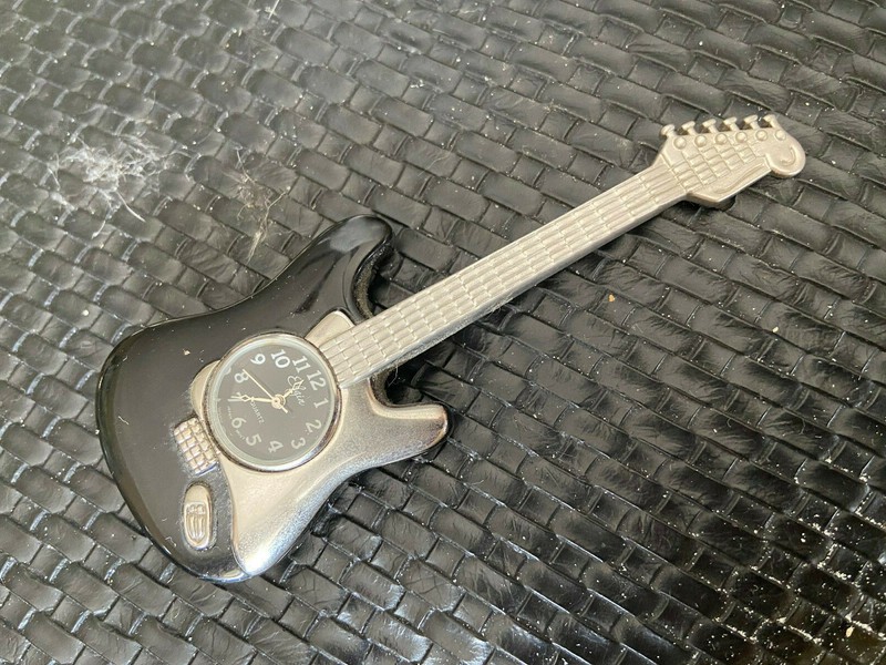 Elgin black and silver Toned Guitar desk clock 4 1/2 inches