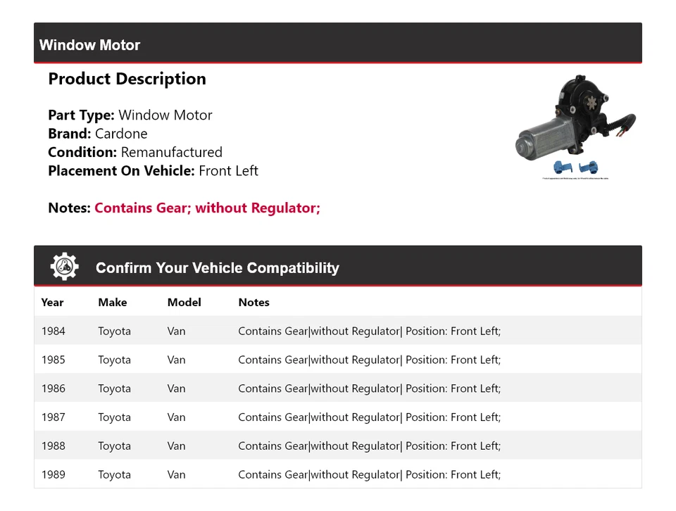 For 1984-1989 Toyota Van Window Motor Front Left Cardone 1985 1986 1987 1988 - Image 2 of 4