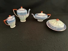 Czechoslovakia Victoria china tea breakfast set Deco blue luster teapot coffee
