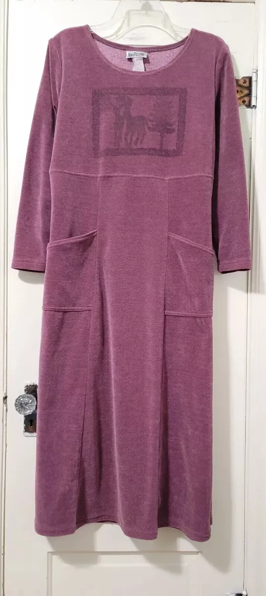 VINTAGE Nina Piccalino VELVET VELOUR LONG Dress Medium Purple Moose Pic Pockets