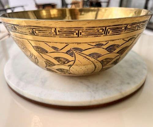 Chinese Brass Bowl Engraved Etched With Dragon Antique - Picture 16 of 18