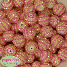 20mm Pink n Yellow Stripe Rhinestone Bubblegum Beads Chunky Jewelry 20 pc