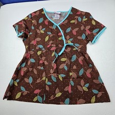 Skechers Scrub Top Womens Sm Brown Floral Elastic Back Mock Wrap Pit To Pit 17in