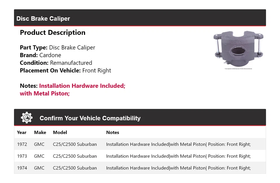 For 1972-1974 GMC C25/C2500 Suburban Disc Brake Caliper Front Right Cardone 1973 - Image 2 of 4