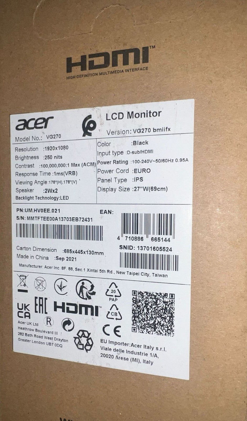 Acer Nitro VG270 (27 Zoll) PC Gaming Monitor LED Full HD 75Hz HDMI  