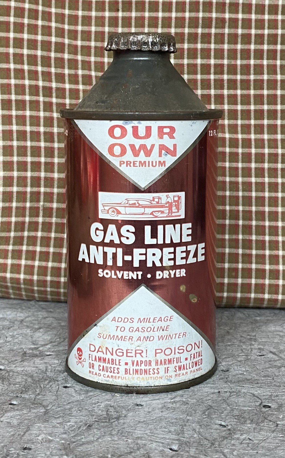 Vintage Our Own Gas Line AntiFreeze Solvent Empty Cone Top 12oz Can