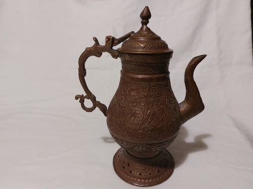 Kashmiri Coffee Pot Jug Urn Asian Indian Rare Antique Copper Chinar Footed - Picture 4 of 9