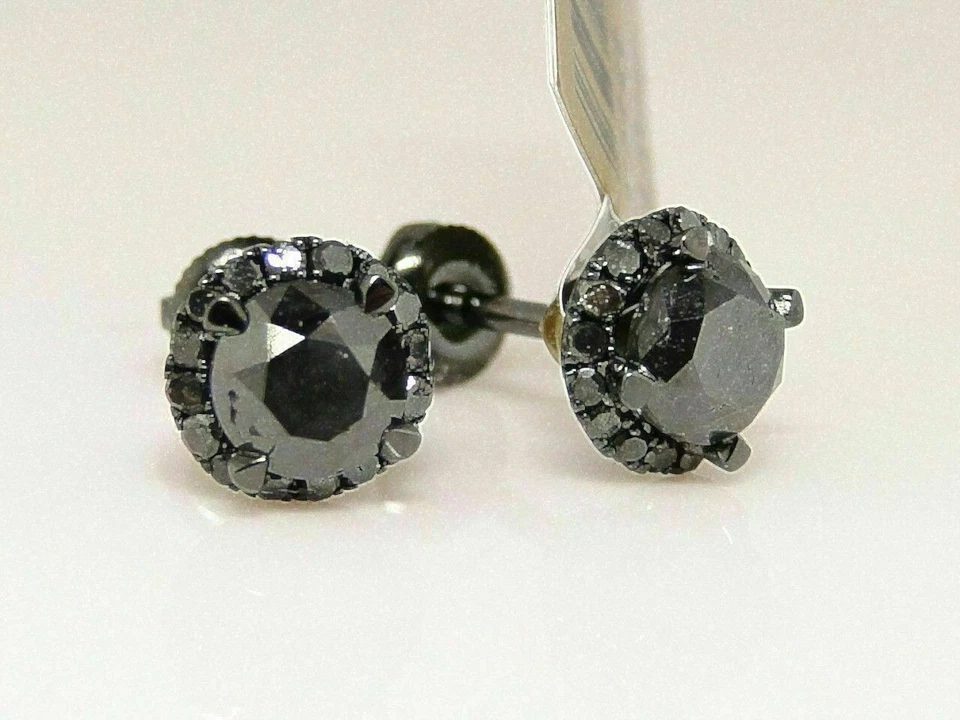 Aretes con halo enchapados en cerámica negra de plata de ley 925 redondos de ónix negro Foto 3 de 4