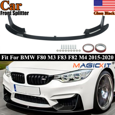 For 2015-2020 BMW M3 M4 Gloss Black Front Lower Bumper Lip Spoiler Splitters Kit