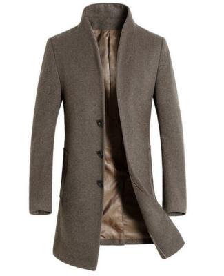 Men's Wool Blend Mid Length Jacket Formal Stand Collar Slim Trench Coat Oversize