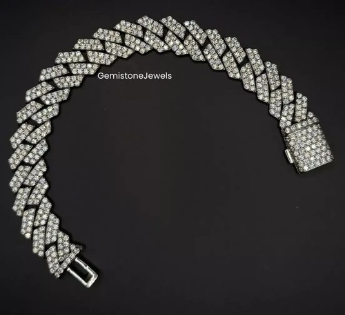 Round Fully Iced Out Moissanite Cuban Link Chain Bracelet 925 Sterling Silver - Picture 2 of 3