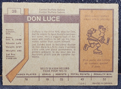 1972-73 DON LUCE PLAY'D CENTER FOR SABRES #38 OFFER AS LOW $1. COMBINE SHIPPING - Picture 2 of 2