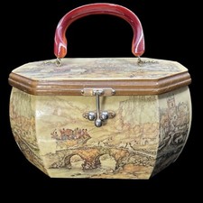 Vintage Anton Pieck Wooden Octagon Decoupage Box Purse Lucite Handle Lined