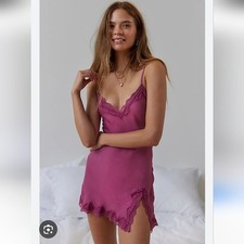 NWT Urban Outfitters Out From Under Mauve Juliette Satin Lace-trim Mini Dress L