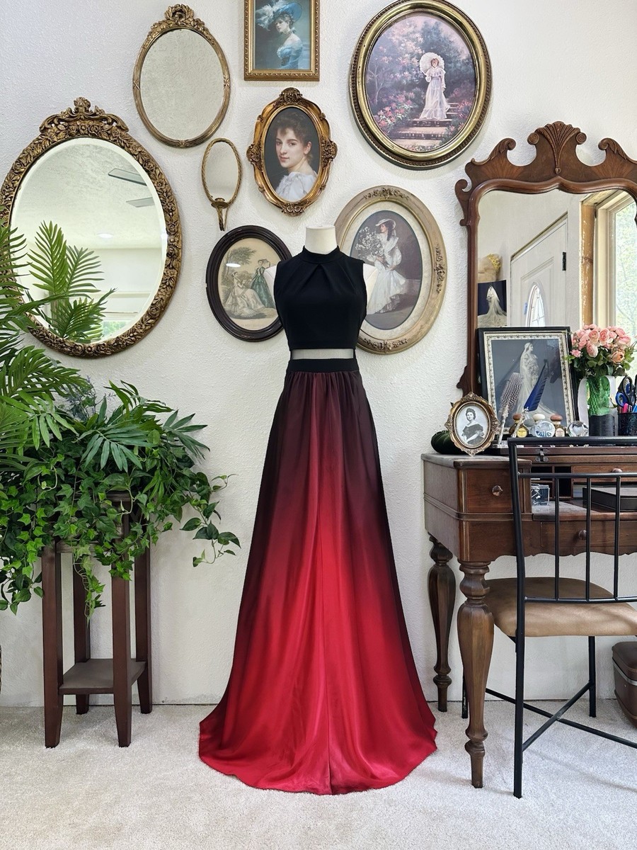 Betsy & Adam Black to Red Ombre Halter Gown w/ Illusion Waist & Pockets |  eBay