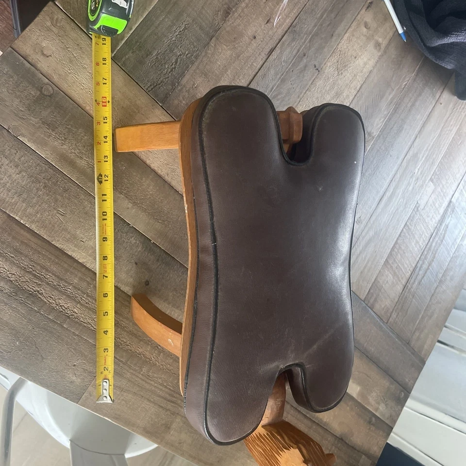 Vintage Camel Saddle Footstool Ottoman with Red & Gold Studded Leather Cushion - Image 3 of 4
