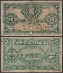 Lithuania, 10 Litu, 24.11.1927, VG+++ (small center split), P-23