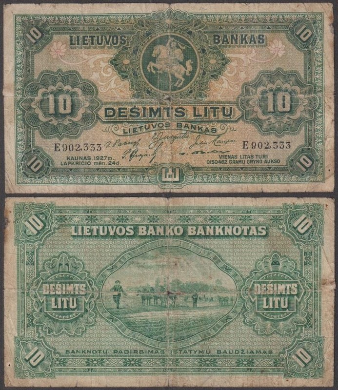 Lithuania, 10 Litu, 24.11.1927, VG+++ (small center split), P-23