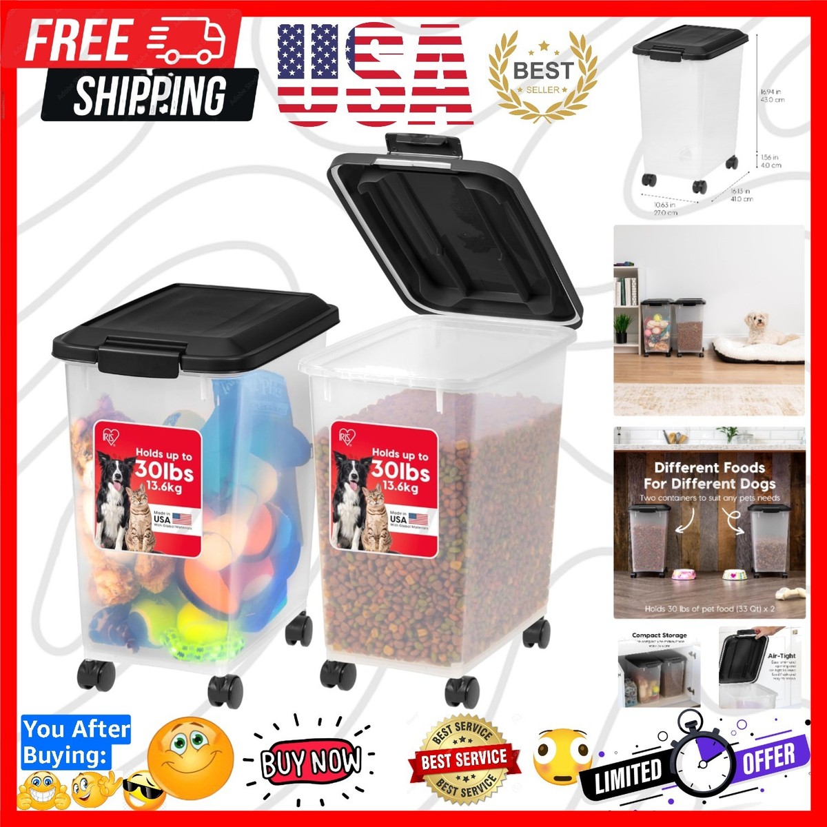 Dog Food Storage Container, 2 Pack, Up to 30 lbs Each, Airtight Seal for  Fres...